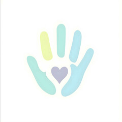 A logo featuring a soft pastel handprint with a heart at the center of the palm smooth lines soothing colors like baby blue mint green and lavender with a moder