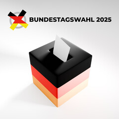 Bundestagswahl 2025, German Federal Election. Ballot box with German flag and election paper. Representation of democracy, political decision-making, and governance, isolated on white background. BTW