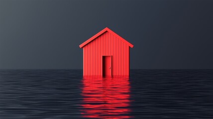 A striking red house stands alone in dark waters, symbolizing isolation and vulnerability amidst a serene yet eerie atmosphere.