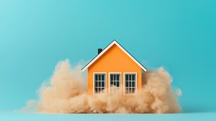 A vibrant orange house emerges from a cloud of dust against a teal background, creating a striking visual contrast and sense of movement.