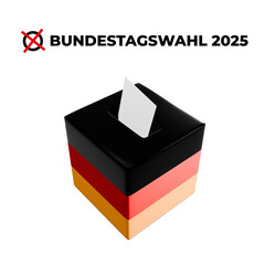 Bundestagswahl 2025, German Federal Election. Ballot box with German flag and election paper. Representation of democracy, political decision-making, and governance, isolated on white background. BTW