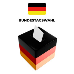 Bundestagswahl 2025, German Federal Election. Ballot box with German flag and election paper. Representation of democracy, political decision-making, and governance, isolated on white background. BTW