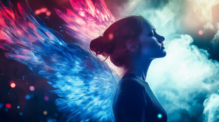 Fototapeta premium Fantasy portrait of a woman with flaming angel wings in shades of blue and red. She looks into the distance with a serene expression, surrounded by mist and ethereal light