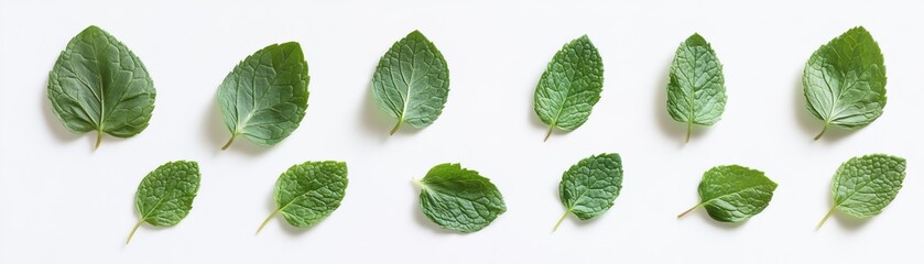 Fresh mint leaves arranged on white background