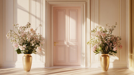 Elegant sunlit hallway with intricate wall moldings and large arched windows, showcasing luxurious interior architecture bathed in soft natural light