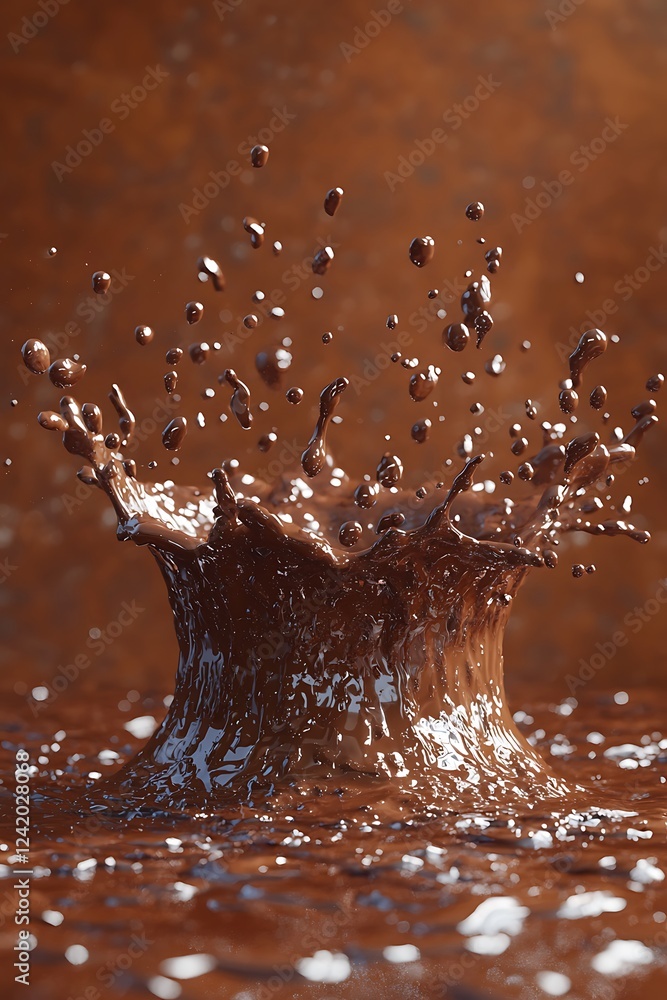 Poster a 3d rendering of a rich chocolate splash, frozen mid-air, with delicate cocoa droplets captured in 