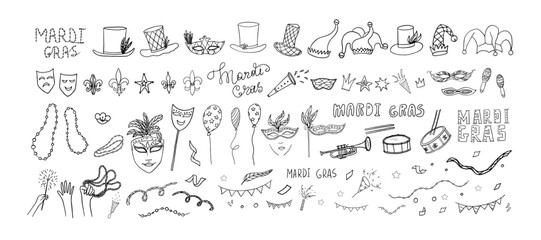 Large set of Festival Mardi gras. Party, carnival. Mask, beads, balloons, garlands, confetti, fireworks. Hand drawn. Doodle.  © Natalia