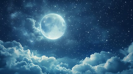 A serene night sky featuring a bright moon and twinkling stars amidst fluffy clouds.