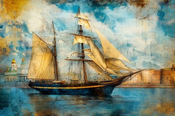 The Neva River in Saint Petersburg hosted a parade featuring the ancient Russian military sailing ship Poltava, set against the regal backdrop of the Peter and Paul Fortress