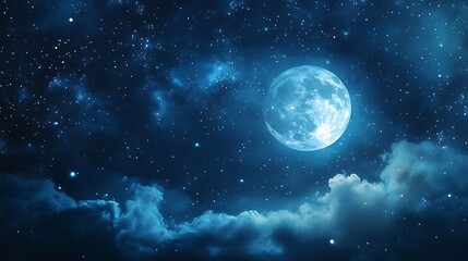 A serene night sky featuring a bright moon amidst stars and clouds.