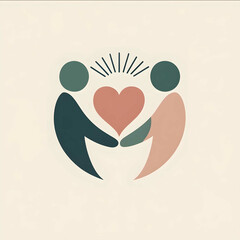 A minimalist logo featuring three abstract human figures forming a circle by holding hands with a heart symbol in the center This represents human connection wa