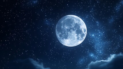 Fototapeta premium A bright full moon illuminates a starry night sky, surrounded by clouds.