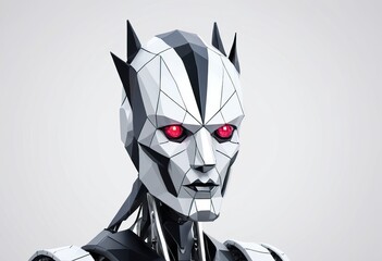 Fototapeta premium Futuristic robotic humanoid with feline features, red eyes, polygonal design