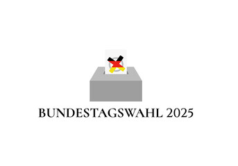 Bundestagswahl 2025, German Federal Election. Ballot box with German flag and election paper. Representation of democracy, political decision-making, and governance, isolated on white background. BTW