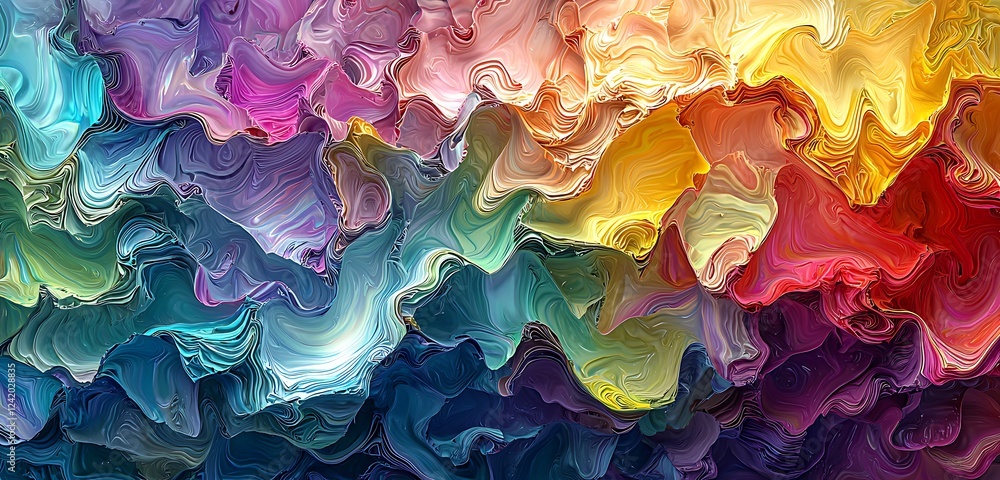 Poster a 3d rendering of multicolored flowing iridescent waves, creating a mesmerizing effect with smooth t