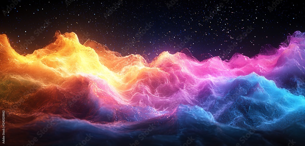 Poster a 3d rendering of multicolored flowing iridescent waves, creating a mesmerizing effect with smooth t