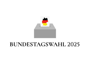 Bundestagswahl 2025, German Federal Election. Ballot box with German flag and election paper. Representation of democracy, political decision-making, and governance, isolated on white background. BTW