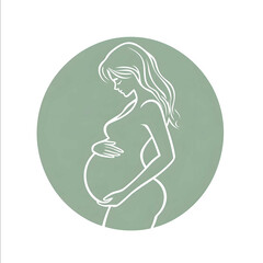 Logo elegant style a pregnant woman holding her belly in a simple line art style light green and white color palette no background details clean lines professio