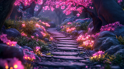 Enchanted neon fairy tale forest with luminous flowers, a mysterious path in dark magical woods, glowing plants, and ethereal lights, evoking fantasy, wonder, and the beauty of nature.

