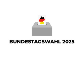 Bundestagswahl 2025, German Federal Election. Ballot box with German flag and election paper. Representation of democracy, political decision-making, and governance, isolated on white background. BTW