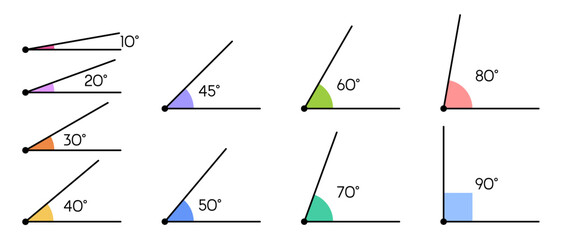 Set of acute and right angles of triangle with exact values ​​of 10, 20, 30, 40, 45, 50, 60, 70, 80, 90 degrees. Vector illustration of mathematical geometric examples and problems in mathematics.