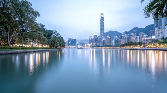Modern skyscrapers and KK100 tower reflect on the calm lake of Lizhi Park in Shenzhen during blue hour.