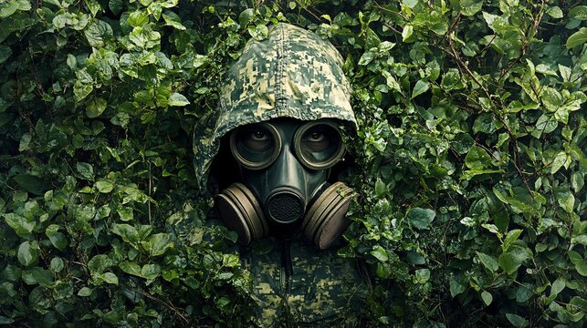Soldier in camouflage blends into the forest while wearing a gas mask