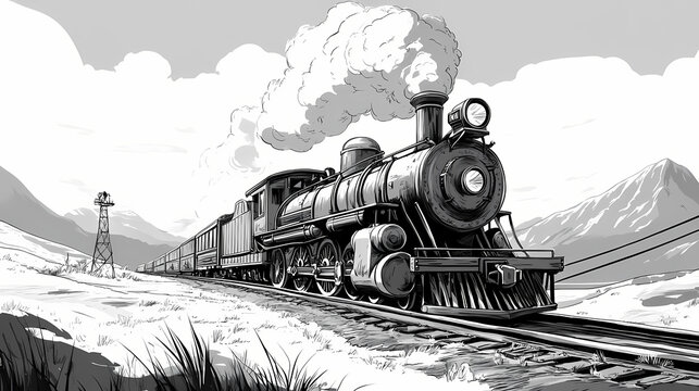 Vintage steam locomotive chugging along railroad tracks , transportation, retro, historic, train, engine, steam, industrial. Steam & Diesel Punk. Illustration