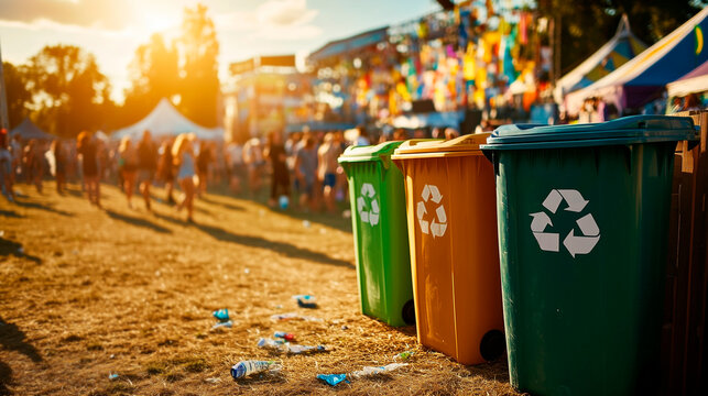 Recycling bins at a festive outdoor event, promoting waste management and environmental awareness