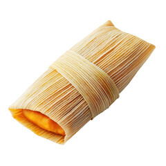 A rolled tamale wrapped in corn husks, showcasing a bright yellow filling.