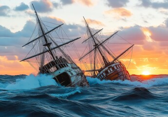 Obraz premium Epic Battle of the Mighty Vessels: A Classical Fresco Showing the Clash of Two Historic Ships