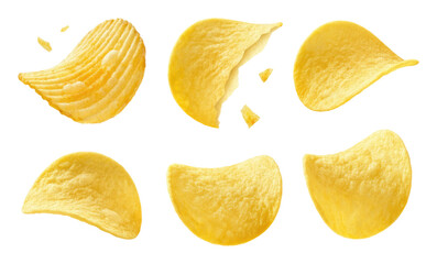 Naklejka premium Assorted potato chips including crinkle-cut, broken, and intact pieces shown in isolation