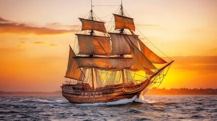 Obraz premium A stock photo of a huge ancient pirate ship traveling on turbulent maritime conditions