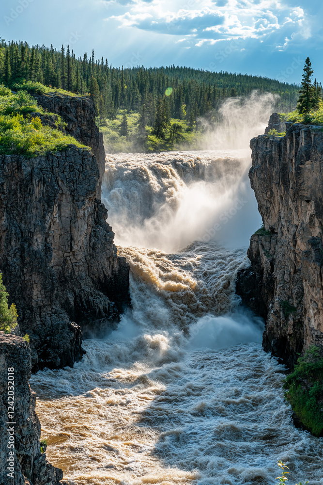 Poster powerful waterfall cascading over rugged cliffs, surrounded by lush greenery and forest, creating a 