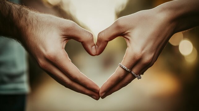 Romantic Close-Up of Couple's Hands Forming Heart Shape with Personalized Rings