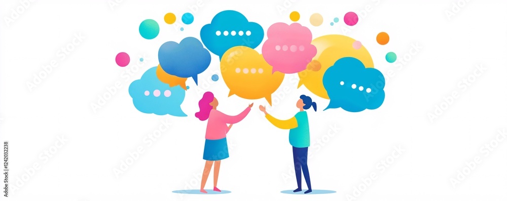 Aufkleber visualizing communication: two women engaging in a conversation with thought and speech bubbles abov