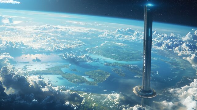 Oral Elevator Soars from Lush Exoplanet Surface to Floating Spaceport Amid Twin Suns and Vast Oceans