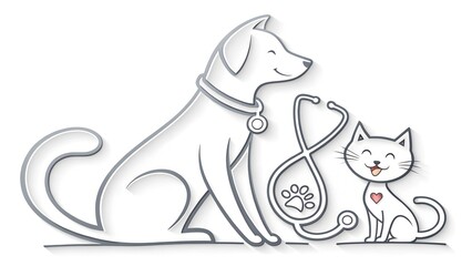 Fototapeta premium set dog and cat logo design. pet care white linear style concept element symbol vector illustration. 