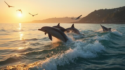A Group of Dolphins Swimming in the Ocean With Birds Flying in the Sky - Generative AI