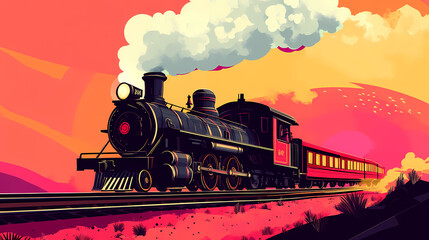 A steam train is traveling down a track with smoke coming out of the engine by ai generated image. Steam & Diesel Punk. Illustration