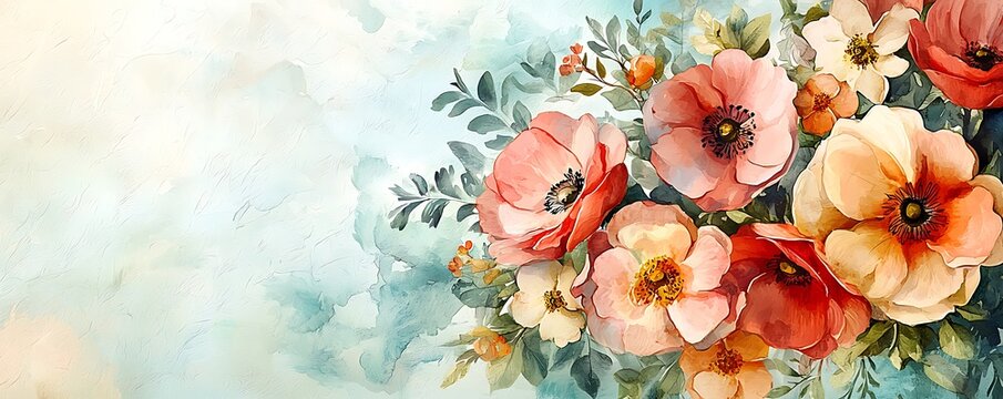 A beautiful floral banner design for Mother's Day, featuring a watercolor arrangement of colorful flowers with plenty of space for personalized text. A soft and loving design