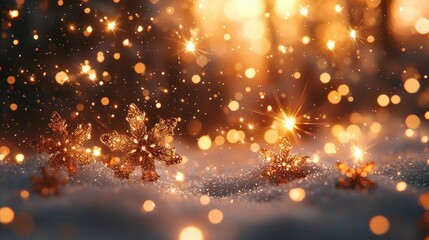 Naklejka premium Golden snowflakes glitter in snowy winter forest sunset, holiday card