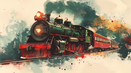 Obraz premium A vintage steam train in a christmas theme, painted in watercolor style with red and green accents. Steam & Diesel Punk. Illustration