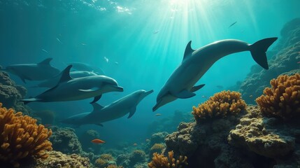 Obraz premium A Group of Dolphins Swimming Over a Coral Reef - Generative AI
