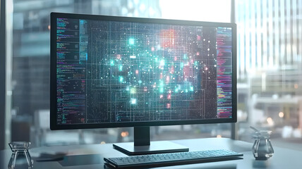 High-tech computer monitor displaying advanced data analysis and coding interface