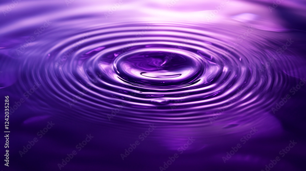 Poster Close-up of a water drop creating ripples on a purple liquid surface, showcasing the dynamic motion of water and the vibrant colors reflecting the beauty of fluid dynamics.
