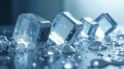 Transparent ice cube resting on fresh snow with water droplets and soft lighting	