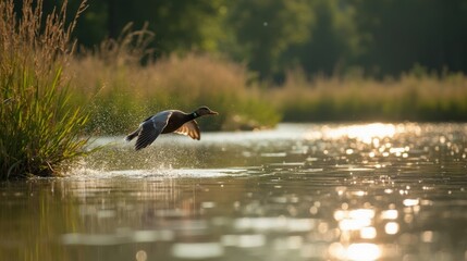A Duck Flying Low Over a Body of Water With Tall Grass in the Background - Generative AI