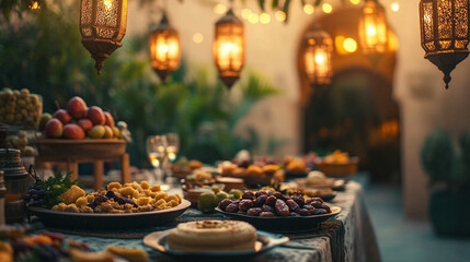 Warm ambient dining scene with rustic wooden tables adorned with decorative hanging lanterns, displaying an array of gourmet dishes under soft glowing lights
