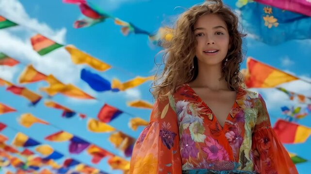 Caucasian woman in colorful floral dress celebrating under festive flags. Summer festival, Juneteenth, Caribbean carnival, Pride month or cultural diversity celebration concept. Vertical video